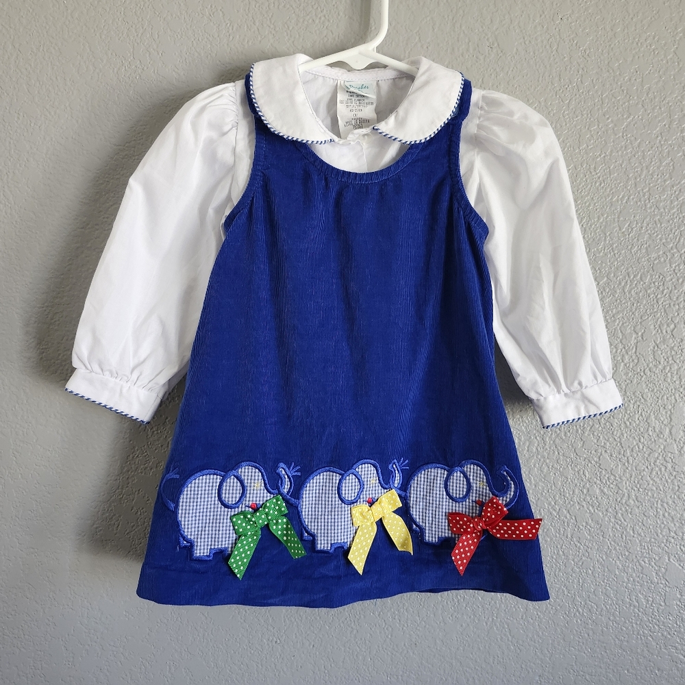 Vintage Girls Elephant Corduroy Jumper Dress Peaches and Cream  2T
